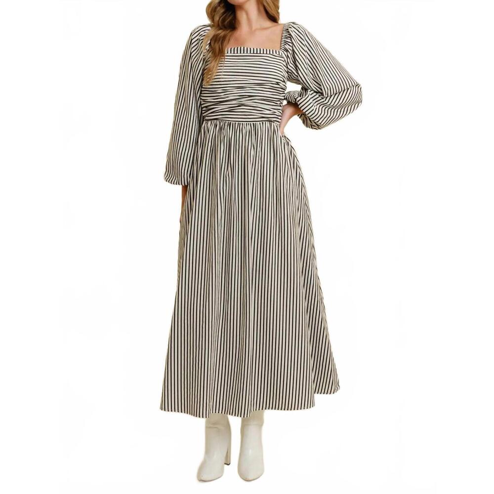 NEW CLOUD TEN striped square neck midi dress in black and off-white